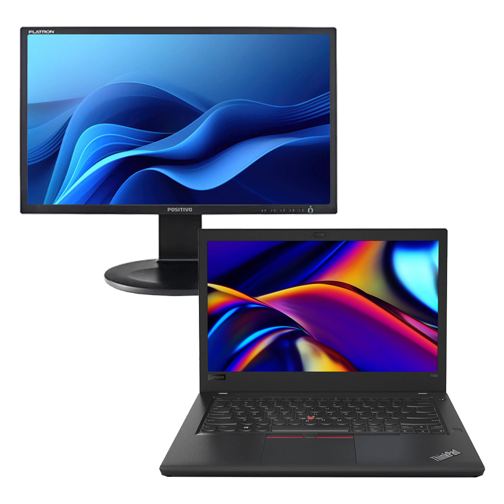 Kit Notebook Lenovo T480 Core i5 8ªGen SSD 256GB 8GB Win 10 Pro + Monitor Positivo E2011PX 20" HD